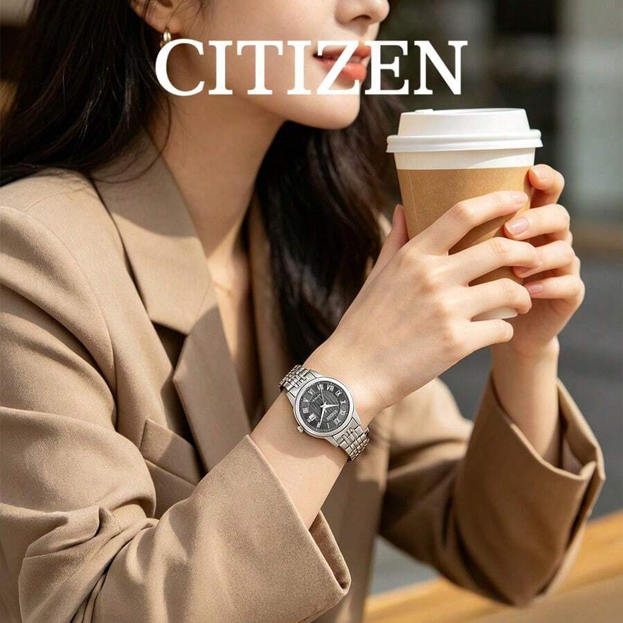 CITIZEN Women's -Drive Watch Polished Silver Stainless Steel Link Bracelet Textured Dark Grey Dial Date Window Timeless Business Daily Minimal Ladies Watch - Black - View 1