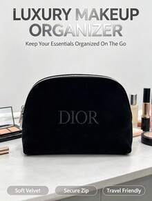 DIOR Luxury Black Velvet Shell Makeup Bag, Exquisite Embroidered Letter Logo, Curved Large Opening Zipper Design, Large Capacity Portable Cosmetic Storage Pouch, Home Vanity Organizer, Travel Skincare Storage, Premium Gift Makeup Bag For Women - Black Velvet Shell Makeup Bag - View 1