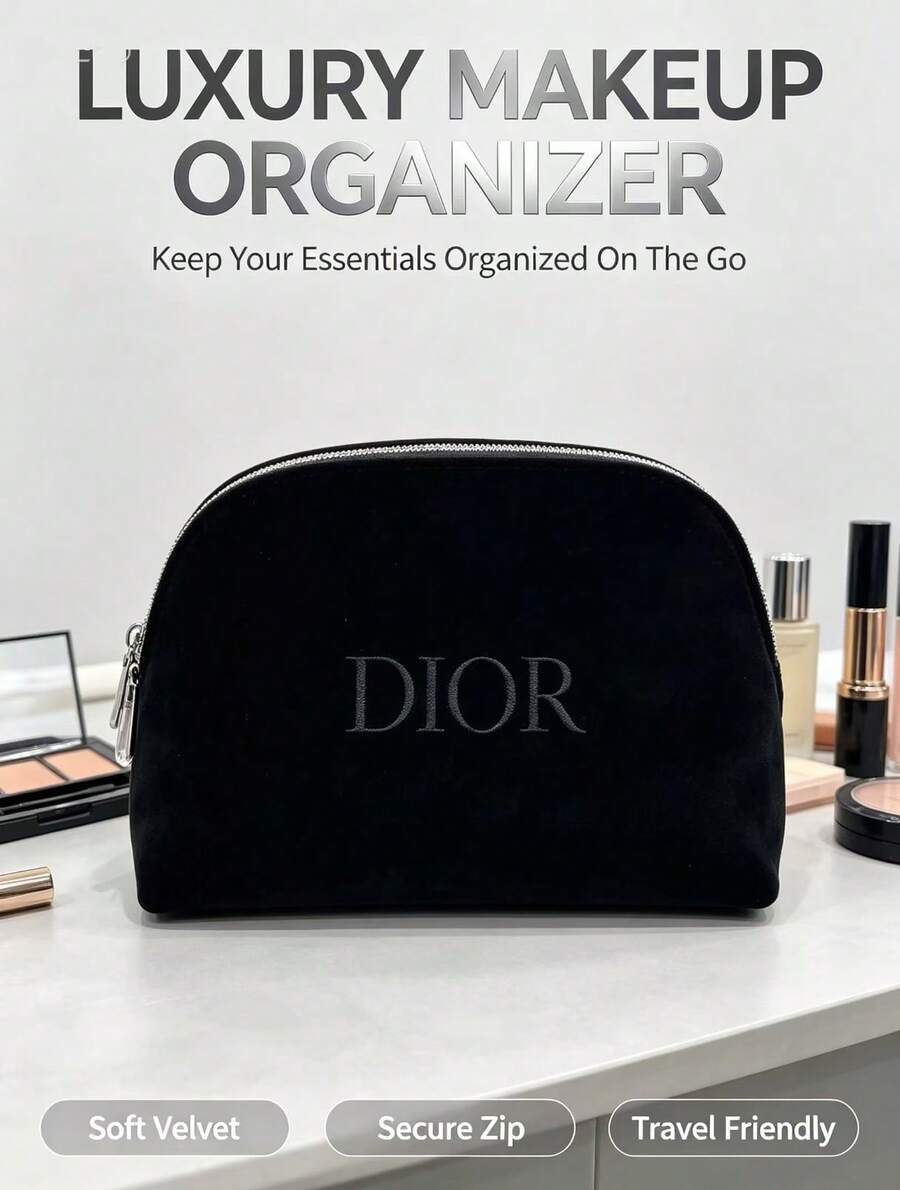 DIOR Luxury Black Velvet Shell Makeup Bag, Exquisite Embroidered Letter Logo, Curved Large Opening Zipper Design, Large Capacity Portable Cosmetic Storage Pouch, Home Vanity Organizer, Travel Skincare Storage, Premium Gift Makeup Bag For Women - Black Velvet Shell Makeup Bag - View 1