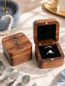 Personalized Square Solid Walnut Wood Rings Jewelry Box Engraved Logo Text, Wedding Gifts,Anniversary Gifts,Wood Box,Gift Box, Birthday Gifts - Multi-color - Walnut Month Flower Ring Box - View 2