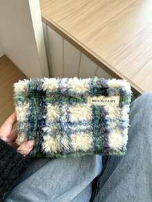 1pc Retro Casual, Fleece, Rectangular Pouch, Striped Plaid Print, Label & Zipper Detail, Holds Cosmetics & Small Items, Makeup Bag, Storage Pouch, For Daily Use, Trips, Autumn Winter & Holiday Occasions,Makeup Bag - Multicolor - View 13