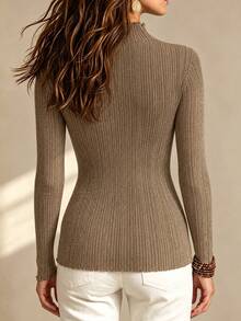 Solid Color Vertical Ribbed Fine Glitter Knit Semi-High Neck Elastic Slim Fit Sweater Women's Top Office Commute Date Simple Elegant Basic Inner Layer - Camel - View 7