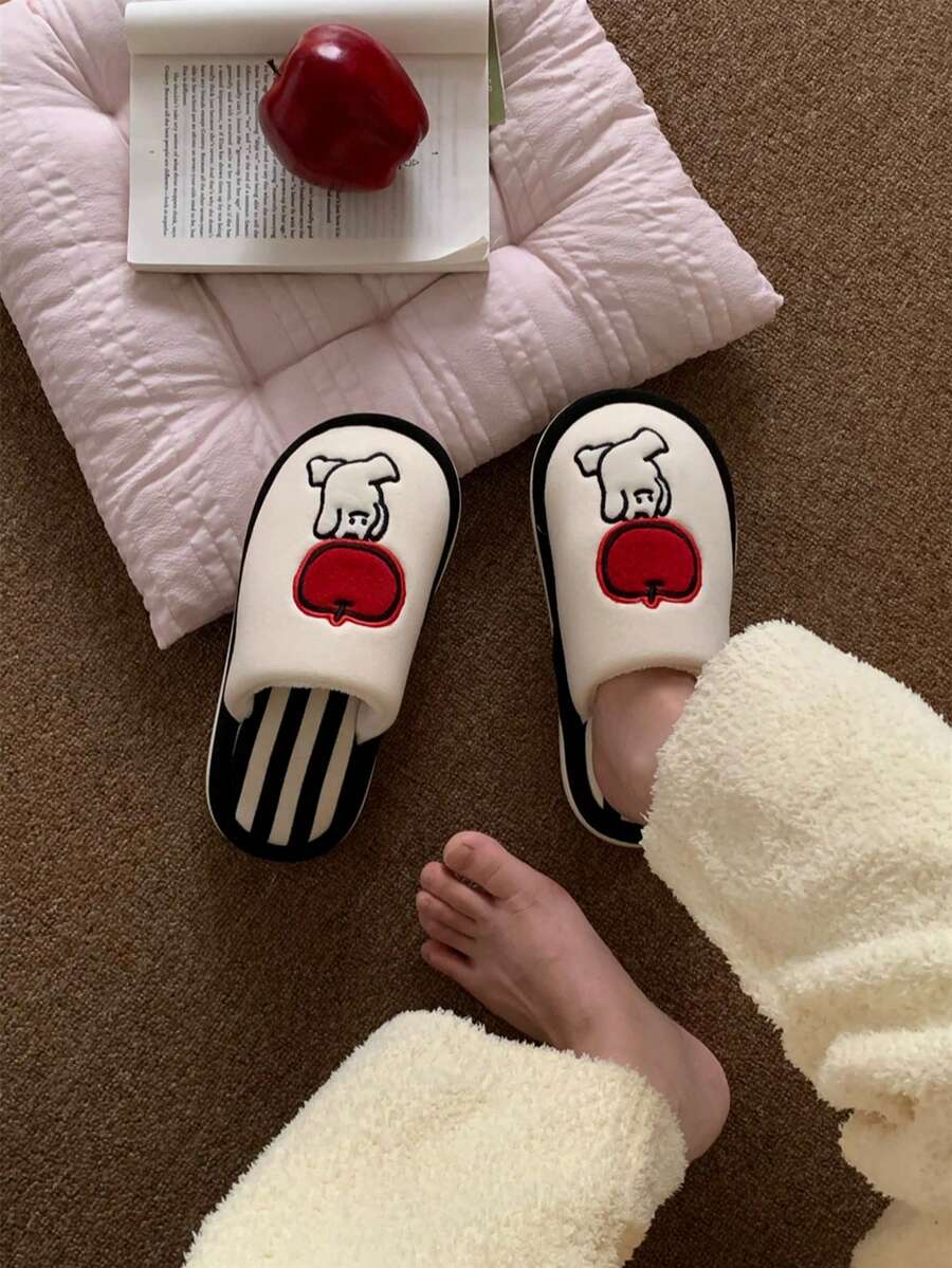 XIXITIAO Cute Creative Apple Slippers For Men & Women, Couple Color Block Striped Home Maternity Shoes, Indoor Warm House Slippers - White - View 1