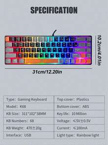K68 68 Keys Wired Mini Gaming Keyboard Rainbow Backlit 3-Tone Keycaps Volcanic Structure 19 Anti-Ghost Multimedia USB Keypad For PC Gamer Office Travel - View 8