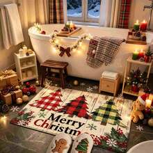 1pc Christmas Series Distressed Wooden Board Plaid Christmas Tree Pattern Printed Faux Cashmere Surface TPR Bottom Door Mat, Bathroom Mat, Kitchen Mat, Laundry Room Mat, Holiday Atmosphere Decor, Home Decor, Party Decor, Wedding Decor, Dining & Kitchen Decor - Multicolor - View 2
