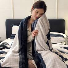 1件裝配色條紋格紋編織包邊塔夫綢保暖加厚毯，不含枕套，柔軟親膚，多尺寸多用途毯，適用於辦公室、客廳沙發、臥室床鋪使用 - 黑與白 - 查看 9