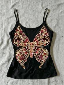 Atasan Camisole Slim Fit Motif Kupu-kupu Bordir dan Payet Gaya Y2K untuk Wanita, Warna Hitam Kasual - Hitam - View 1
