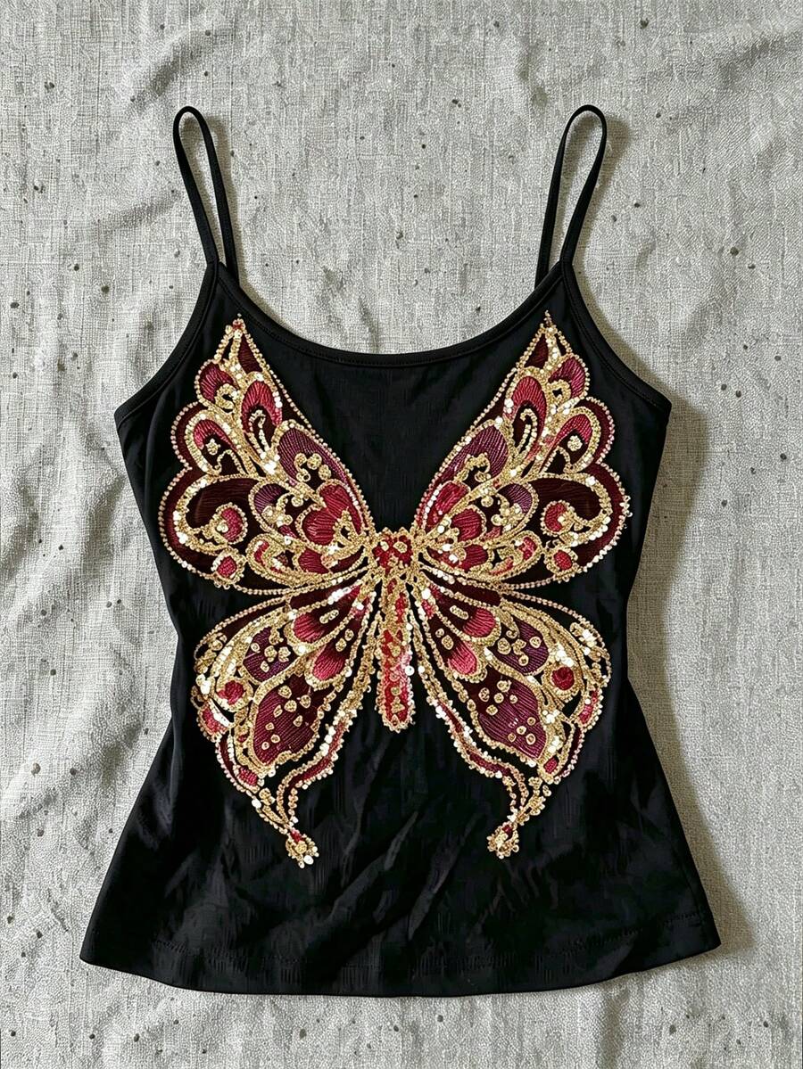 Atasan Camisole Slim Fit Motif Kupu-kupu Bordir dan Payet Gaya Y2K untuk Wanita, Warna Hitam Kasual - Hitam - View 1