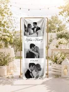 Customized Wedding Welcome Banner, Personalized Photo Name Date Fabric Hanging Flag, Customized Couple Photo Wedding Reception Decoration Backdrop - Multicolor - View 5