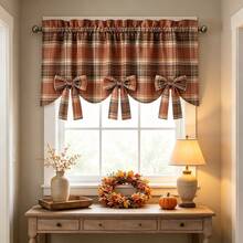 1pc Vintage Brown Plaid Bowknot Window Curtain, American Country Style Short Rod Pocket Curved Hem Kitchen Decor Window Blind, Drill-Free Small Window Room Commercial Shelf Covering Decorative Curtain Designer Premium - Multicolor - View 7