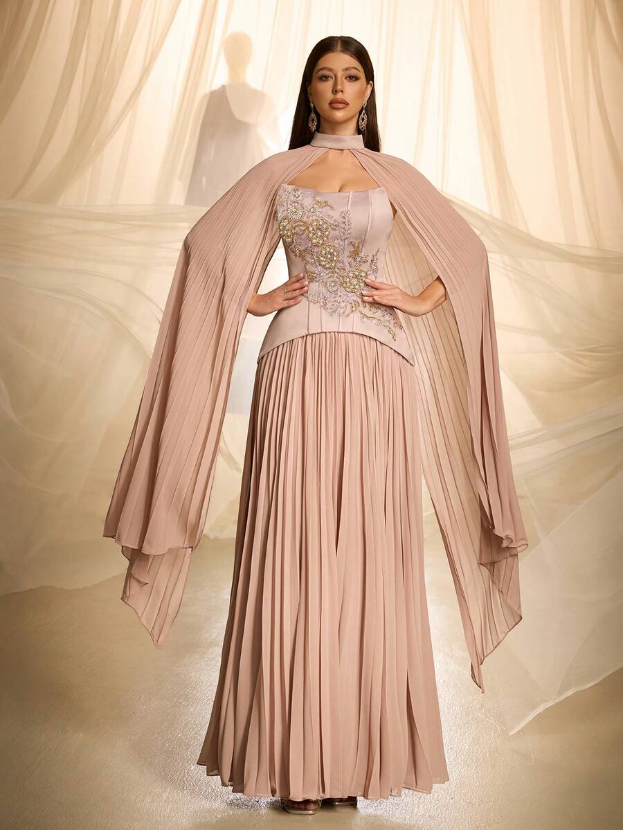 VIPGIRL Elegant Women's Ruffle Ruffle Satin Slit Evening Gown, Suitable For Formal Dinner Parties And Balls - Dusty Pink - View 1