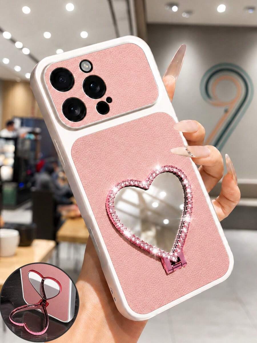 MewTrek Casing Ponsel Kulit PU Tekstur Leci Mewah untuk Wanita, Stand Cermin Hati Berlian Imitasi 2-in-1, Bukaan Lensa Besar, Pelindung Anti Guncangan dan Anti Jatuh yang Melindungi Seluruh Tubuh, Cocok untuk iPhone, Galaxy, Honor, Reno, MOTO