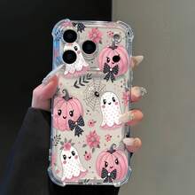 1pc Four-Corner Anti-Drop Minimalist Lens Protection Halloween Pink Pumpkin Ghost Pattern Phone Case Personalized Compatible With Iphone 16 Pro Max/18/17/16/15/14 Plus/13/12/11/Air - Multicolor - View 1