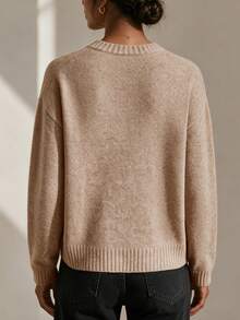 Women's Fall Winter Camel Soft Fuzzy Knit Crew Neck Long Sleeve Sweater, Drop Shoulder Curved High Low Hem Oversized Casual Daily Work Commute Wear - Flower-colored - View 6