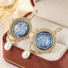 1 Pair Vintage Exotic Embossed Blue Glass Round Pendant Pearl Drop Earrings For Women Couples Friends Party Date Gift Commute Jewelry - Gold - View 4