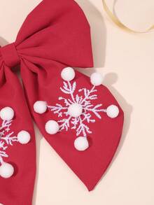 1pc Christmas Red Snowflake Embroidered Pom Pom Bow Hair Clip, Girls Winter Hair Accessory, Party & Daily Wear - Red - View 6