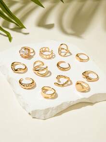 imoli 12pcs/Set Vintage INS Baroque Faux Pearl Stackable Asymmetrical Geometric Line Metal Ring Set, Knuckle Rings, Multi-Layer Finger Rings, Suitable For Women's Daily Wear, Party Jewelry Gift - 29459-ring-g-eP - View 4