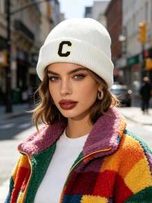 1PC Unisex Print A-Z Letter Waffle Knit Beanie Hat,Soft Warm Winter Hat For Women,Daily Outdoor Streetwear Cold Weather Home - White - View 3