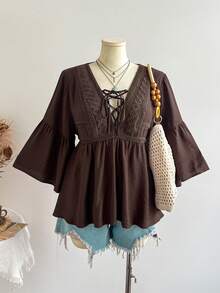 Rusttydustty Atasan Wanita Ukuran Besar Warna Cokelat Kerah V dengan Tali dan Patchwork Renda Gaya Bohemian untuk Liburan, Cocok untuk Musim Gugur/Dingin, Kostum Halloween - Coklat - View 9