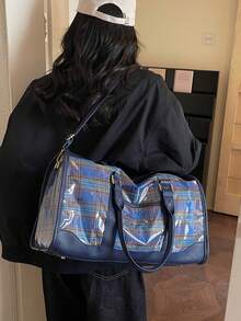 Dedoo 女款手提旅行行李包，圓筒健身包，格紋圖案，PVC與PU拼接，雙手柄與可拆卸肩帶，大容量，短途旅行 - 藍色 - 查看 4