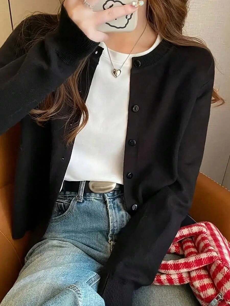 Knitted Cardigan Sweater Autumn/Winter Round Neck Solid Color Top - Black - View 1