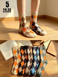 5 Pairs Women Rhombus Plaid Knitted Socks, Leg Slimming Retro Collegiate Style Mid-Calf Socks For Everyday Wear, Cozy - Multicolor - View 7