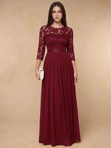 Vestido elegante de encaje floral para mujer,Vestido de fiesta de manga larga de chiffon de cuello redondo,Vestidos de mujer - Color caoba - Ver 4