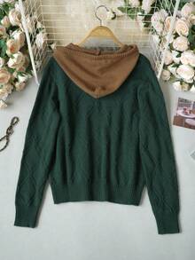 Women's Colorblock Hooded Zip-Up Knit Cardigan, New Autumn/Winter Style, Dark Green Argyle Jacquard Fabric With Brown Hood Trim And Drawstring, Round Ring Zipper + Dual Side Pockets Design, Ribbed Hem, Loose Casual Fit For Daily Wear, Outings And Commuting - Dark Green - View 6