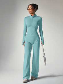 2pcs Set Purple Zipper Slim Fit Long Sleeve Top + Flowy Wide Leg Pants Yoga Outfit - Cadet Blue - View 7