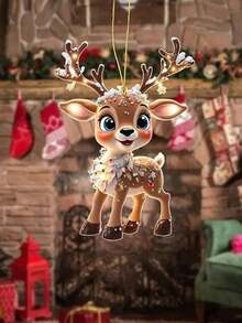 1pc 2026 New Acrylic Christmas Reindeer Pendant Keychain Party Gift Birthday Commemorative Gift Acrylic Flat Car Rearview Mirror Hanging Decor Home Hanging Ornament Christmas New Reindeer Christmas Tree Decoration - Multi-color - View 3