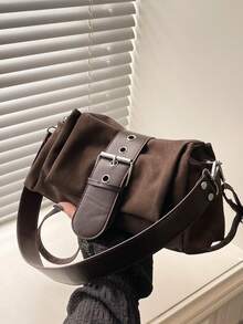 Women's Retro Motorcycle Style Shoulder Crossbody Bag With Front Eyelet Buckle Decor, Adjustable Wide Strap, Large Capacity Multi-Compartment Storage, Casual Commuter Shoulder Bag - Coffee - View 7