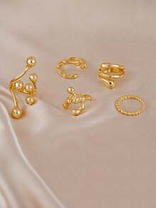 5pcs/Set Women's Thick Gold-Plated Open Rings, Aesthetic Asymmetric Dome & Multi-Ball Design Personalized Rings, Suitable For Daily, Work, Vacation - Gold - View 2