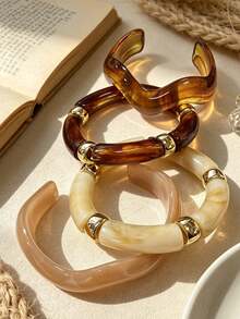 4/1pc Set Vintage Minimalist Casual Style Wavy Resin Bracelet And Acrylic Elastic Bracelet Set Suitable For Daily And Vacation Wear - Multicolor - View 3