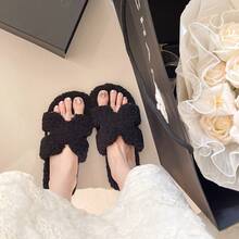 Women's Black Flat Open Toe Fuzzy Slippers, Autumn/Winter New Style, Low Heel Plush Slippers, Lightweight Comfortable Warm Fuzzy Slip-On Open Toe Open Back Slippers - Black - View 5