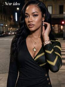 NEW IDEA Gaun Pendek Wanita Seksi Hitam Emas Musim Gugur Musim Dingin, Gaun Bodycon Lengan Panjang Leher V dengan Detail Kerut untuk Acara Malam, Pesta, Koktail, dan Jalan-jalan. - Hitam - View 6