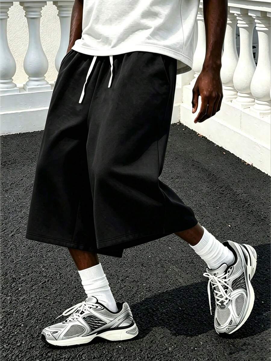 Loose Comfortable 3/4 Length Pants For Men, With Adjustable Drawstring Waist, Suitable For Outdoor Travel, Fitness Sports, Home Leisure, Perfect Gift For Boyfriend. - Black - View 1