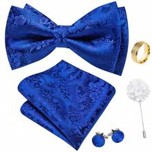 5Pcs Men Blue Small Floral Jacquard Bow Tie Pocket Square Cufflinks Ring Boutonniere Set, Cufflinks Pattern Random For Wedding - Blue - View 2