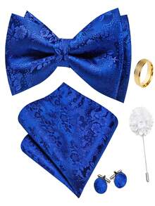 5Pcs Men Blue Small Floral Jacquard Bow Tie Pocket Square Cufflinks Ring Boutonniere Set, Cufflinks Pattern Random For Wedding - Blue - View 1