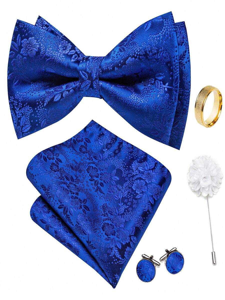 5Pcs Men Blue Small Floral Jacquard Bow Tie Pocket Square Cufflinks Ring Boutonniere Set, Cufflinks Pattern Random For Wedding - Blue - View 1