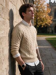 Men's Chunky Knit Sweater, Vintage Casual Style, Warm Long Sleeve Pullover - Apricot - View 1