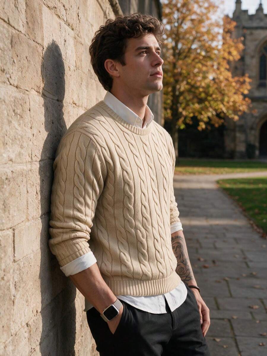 Men's Chunky Knit Sweater, Vintage Casual Style, Warm Long Sleeve Pullover - Apricot - View 1