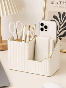 Luxury Gold-Trimmed Leather-Texture Multi-Compartment Desktop Organizer Box, Large Capacity Sorting Storage For Office Supplies / Skincare / Keys & Miscellaneous Items - View 5