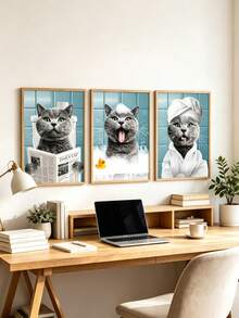 1 Set Of 3 Customized Cat Photo Portraits, Personalized Fun Cat Newspaper Art, Pet Portrait Wall Decor, Cat Reading Newspaper Print, Bathroom Decor, Fun Pet Gift For Cat Lovers - Multicolor - View 6
