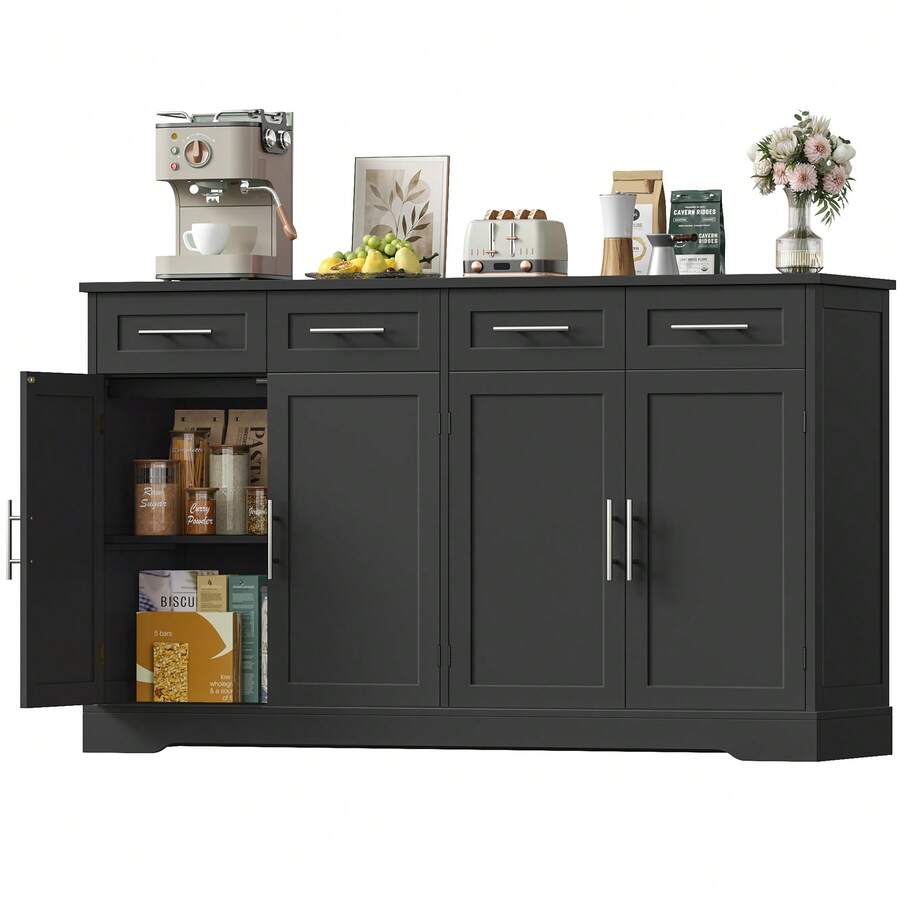 150cm Large Sideboard, Kitchen Cabinet With 4 Drawers & 4 Doors - Black - View 1