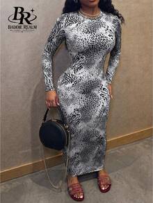 BADDIE REALM Women's Mid-Length Leopard Print Fitted Vacation Style Dress - Black and White - View 3