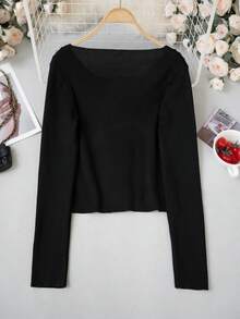 French Style Lace Trim Long Sleeve Knit Sweater Women Autumn/Winter Design Heart Button Slim Fit Inner Layer Base Layer Short Top - Black - View 9