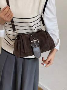 Women's Suede-Textured Shoulder Bag With Eyelet Buckle Decor, Detachable Wide Strap, Crossbody Wear, Multi-Pocket Storage, American Retro Style, Autumn/Winter Daily Commuter Vibe - Coffee - View 6