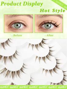 7 Pairs Brown False Eyelashes, Segmented Cat Eye Tail Extension Lashes, Natural Invisible Transparent Stem Cartoon Short Wet Look Lashes - Brown - View 3