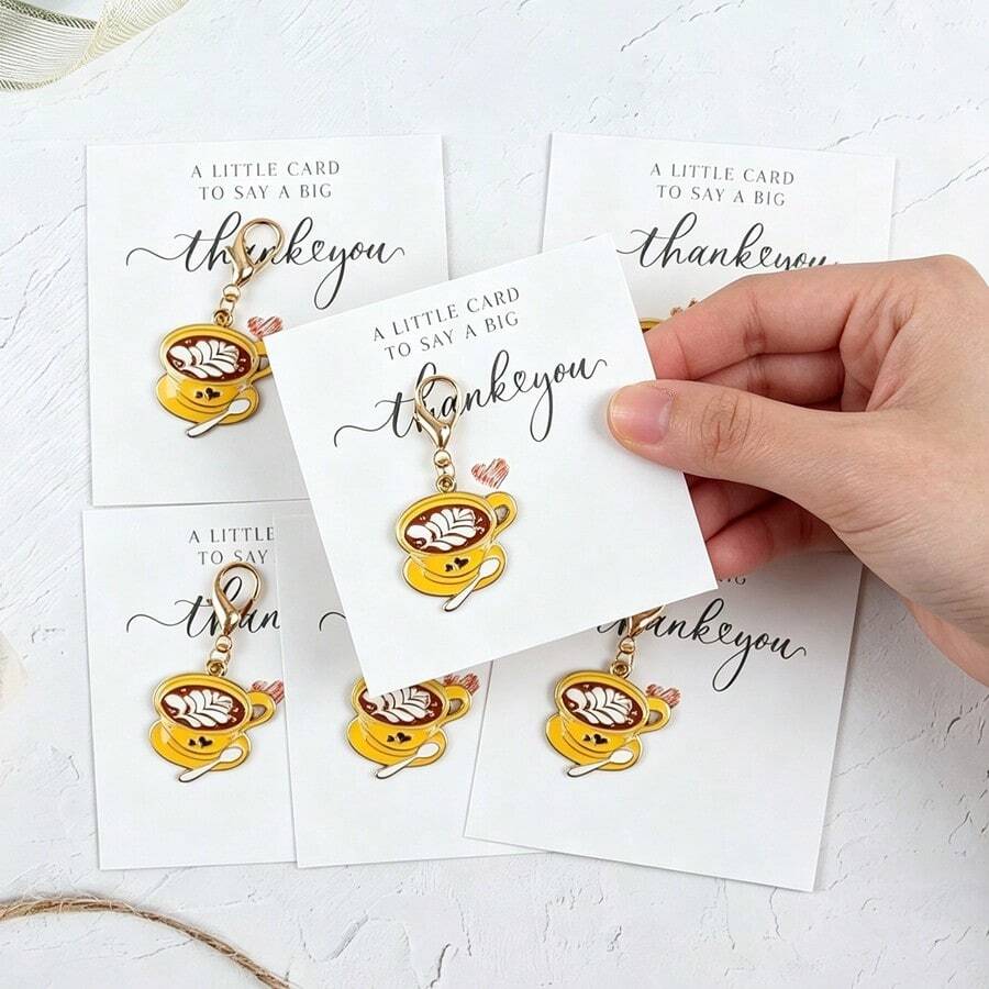 3pcs/6pcs Creative Coffee Cup Hanging Decor, Delicate Oil-Drip Alloy Pendant With Thank You English Greeting Card, Lobster Clasp For Easy Detachment, Artistic Minimalist Style, Suitable As Key Chain Or Bag Decoration, Warm Gift For Colleagues, Friends And Family For Gratitude Occasions - Ginger - View 1