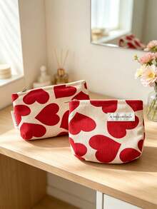 1PC/4PCSRed Heart Print Cosmetic Bag, Zipper Makeup Pouch Set, Cute Heart Pattern Storage Purse, Portable Travel Toiletry Bag For Lipstick, Skincare, Small Essentials, Multi-Size Canvas Organizer, Lovely Daily Storage Pouch For Women - Multicolor - View 5